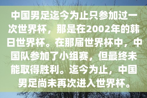 中国男足迄今为止只参加过一次世界杯，那是在2002年的韩日世界杯。在那届世界杯中，中国队参加了小组赛，但最终未能取得胜利。迄今为止，中国男足尚未再次进入世界杯。漯河市盈旭机械设备有限公司
