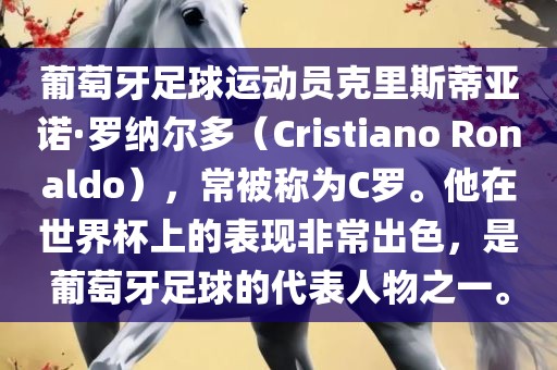 葡萄牙足球运动员克里斯蒂亚诺·罗纳尔多（Cristiano Ro漯河市盈旭机械设备有限公司naldo），常被称为C罗。他在世界杯上的表现非常出色，是葡萄牙足球的代表人物之一。