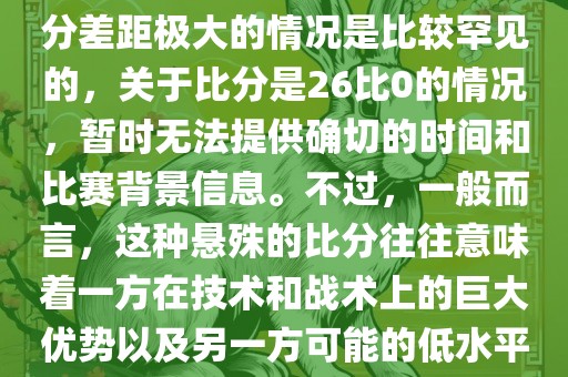 在世界杯足球比赛中，出现比分差距极大的情况是比较罕见的，关于比分是26比0的情况，暂时无法提供确切的时间和比赛背景信息。不过，一般而言，这种悬殊的比分往往意味着一方在技术和战术上的巨大优势以及另一方可能的低水平表现。