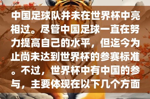 中国足球队并未在世界杯中亮相过。尽管中国足球一直在努力提高自己的水平，但迄今为止尚未达到世界杯的参赛标准。不过，世界杯中有中国的参与，主要体现在以下几个方面