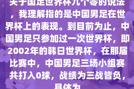 关于国足世界杯九个零的说法，我理解指的是中国男足在世界杯上的表现。到目前为止，中国男足只参加过一次世界杯，即2002年的韩日世界杯，在那届比赛中，中国男足三场小组赛共打入0球，战绩为三战皆负，具体为