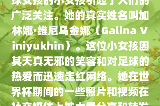 在巴西世界杯上，一位名叫足球女孩的小女孩引起了人们的广泛关注。她的真实姓名叫加林娜·维尼乌金娜（Galina Viniyukhin）。这位小女孩因其天真无邪的笑容和对足球的热爱而迅速走红网络。她在世界杯期间的一些照片和视频在社交媒体上被大量分享和转发。