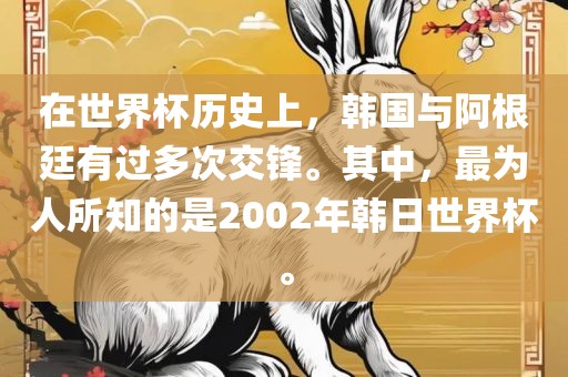 在世界杯历史上，韩国与阿根廷有过多次交锋。其中，最为人所知的是2002年韩日世界杯。