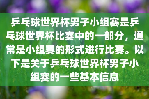 乒乓球世界杯男子小组赛是乒漯河市盈旭机械设备有限公司乓球世界杯比赛中的一部分，通常是小组赛的形式进行比赛。以下是关于乒乓球世界杯男子小组赛的一些基本信息