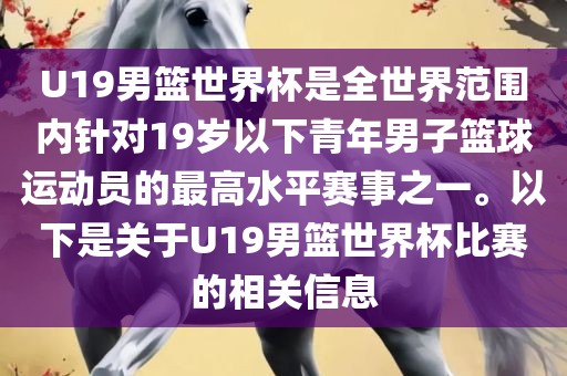 U19男篮世界杯是全世界范围内针对19岁以下青年男子篮球运动员的最高水平赛事之一。以下是关于U19男篮世界杯比赛的相关信息