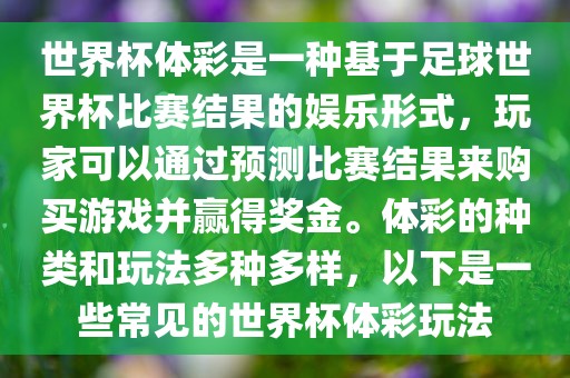 世界杯体彩是一种基于足球世界杯比赛结果的娱乐形式，玩家可以通过预测比赛结果来购买游戏并赢得奖金。体彩的种类和玩法多种多样，以下是一些常见的世界杯体彩玩法漯河市盈旭机械设备有限公司