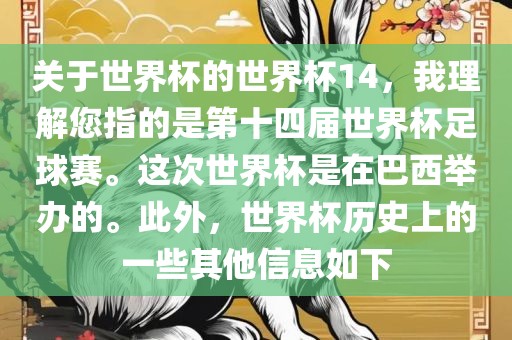 关于世界杯的世界杯14，我理解您指的是第十四届世界杯足球赛。这次世界杯是在巴西举办的。此外，世界杯历史上的一些其他信息如下
