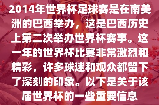 2014年世界杯足球赛是在南美洲的巴西举办，这是巴西历史上第二次举办世界杯赛事。这一年的世界杯比赛非常激烈和精彩，许多球迷和观众都留下了深刻的印象。以下是关于该届世界杯的一些重要信息漯河市盈旭机械设备有限公司