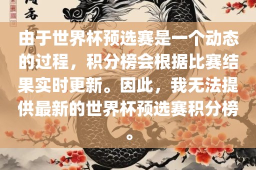 由于世界杯预选赛是一个动态的过程，积分榜会根据比赛结果实时更新。因此，我无法提供最新的世界杯预选赛积分榜。