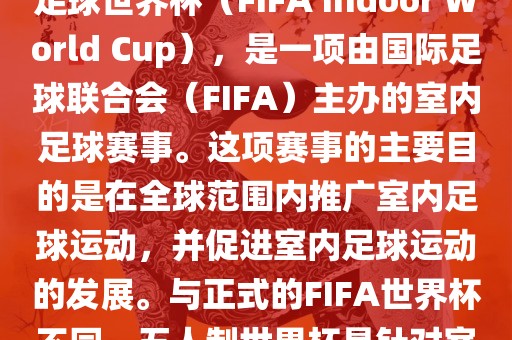 五人制世界杯，也被称为室内足球世界杯（FIFA Indoor World Cup），是一项由国际足球联合会（FIFA）主办的室内足球赛事。这项赛事的主要目的是在全球范围内推广室内足球运动，并促进室内足球运动的发展。与正式的FIFA世界杯不同，五人制世界杯是针对室内足球的比赛。