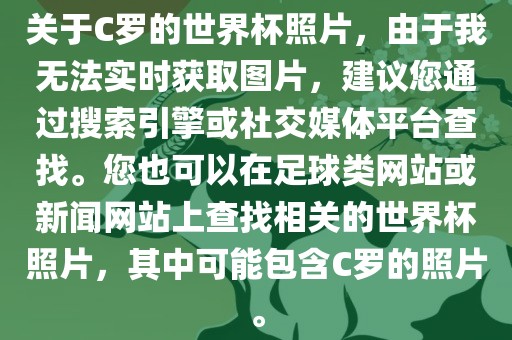 关于C罗的世界杯照片，由于我无法实时获取图片，建议您通过搜索引擎或社交媒体平台查找。您也可以在足球类网站或新闻网站上查找相关的世界杯照片，其中可能包含C罗的照片。