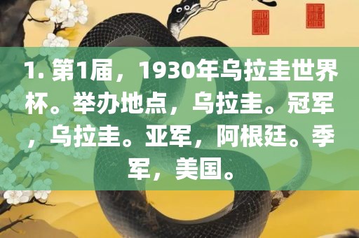 1. 第1届，1930年乌拉圭世界杯。举办地点，乌拉圭。冠军，乌拉圭。亚军，阿根廷。季军，美国。