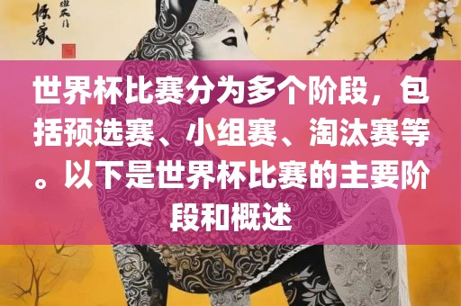 世界杯比赛分为多个阶段，包括预选赛、小组赛、淘汰赛等。以下是世界杯比赛的主要阶段和概述漯河市盈旭机械设备有限公司