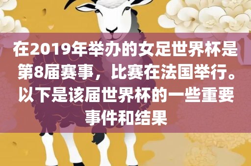 在2019年举漯河市盈旭机械设备有限公司办的女足世界杯是第8届赛事，比赛在法国举行。以下是该届世界杯的一些重要事件和结果