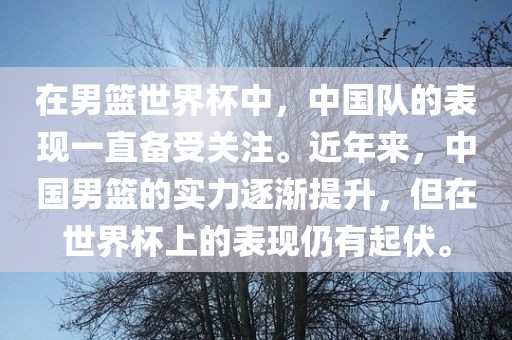 在男篮世界杯中，中国队的表现一直备受关注。近年来，中国男篮的实力逐渐提升，但在世界杯上的表现仍有起伏。漯河市盈旭机械设备有限公司