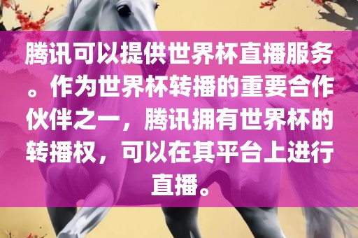 腾讯可以提供世界杯直播服务。作为世界杯转播的重要合作伙伴之一，腾讯拥有世界杯的转播权，可以在其平台上进行直播。漯河市盈旭机械设备有限公司