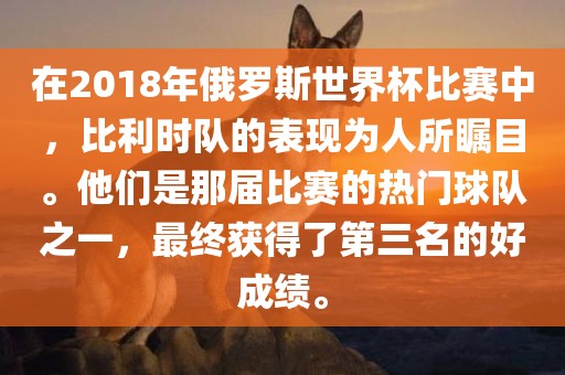 在2018年俄罗斯世界杯比赛中，比利时队的表现为人所瞩目。他们是那届比赛的热门球队之一，最终获得了第三名的好成绩。漯河市盈旭机械设备有限公司