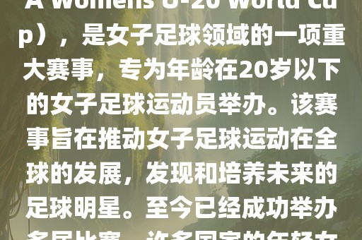 U-20女足世界杯，也被称为国际足联女子U-20世界杯（FIFA Womens U-20 World Cup），是女子足球领域的一项重大赛事，专为年龄在20岁以下的女子足球运动员举办。该赛事旨在推动女子足球运动在全球的发展，发现和培养未来的足球明星。至今已经成功举办多届比赛，许多国家的年轻女足运动员通过这一赛事获得了国际认可和赞誉。
