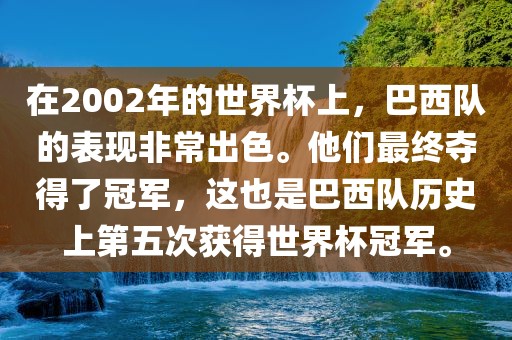 在2002年的世界杯上，巴西队的表现非常出色。他们最终夺得了冠军，这也是巴西队历史上第五次获得世界杯冠军。漯河市盈旭机械设备有限公司