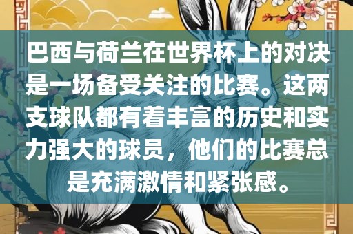 巴西与荷兰在世界杯上的对决是一场备受关注的比赛。这两支球队都有着丰富的历史和实力强大的球员，他们的比赛总是充满激情和紧张感。
