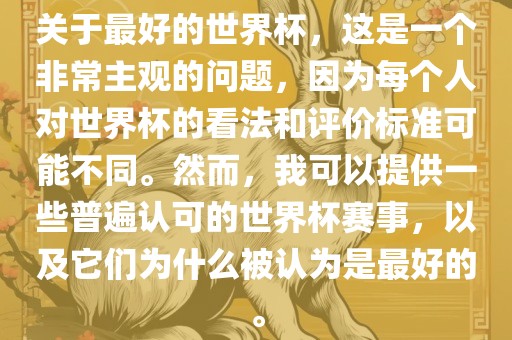 关于最好的世界杯，这是一个非常主观的问题，因为每个人对世界杯的看法和评价标准可能不同。然而，我可以提供一些普遍认可的世界杯赛事，以及它们为什么被认为是最好的。漯河市盈旭机械设备有限公司