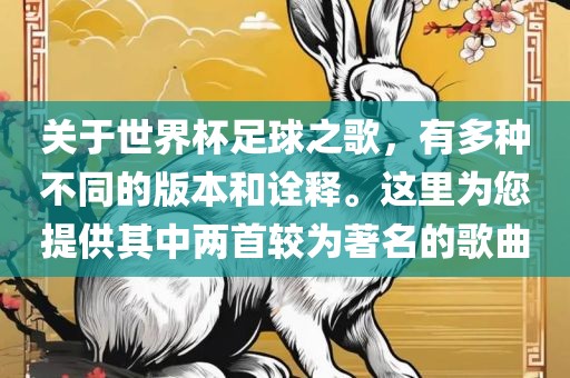 关于世界杯足球之歌，有多种不同的版本和诠释。这里为您提供其中两首较为著名的歌曲