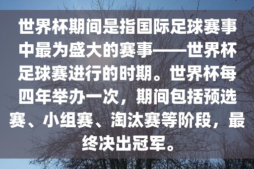 世界杯期间是指国际足球赛事中最为盛大的赛事——世界杯足球赛进行的时期。世界杯每四年举办一次，期间包括预选赛、小组赛、淘汰赛等阶段，最终决出冠军。漯河市盈旭机械设备有限公司