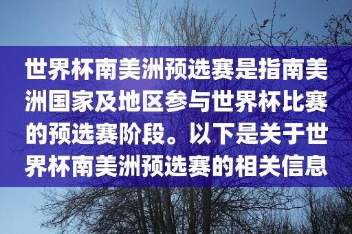 世界杯南美洲预选赛是指南美洲国家及地区参与世界杯比赛的预选赛阶段。以下是关于世界杯南美洲预选赛的相关信息