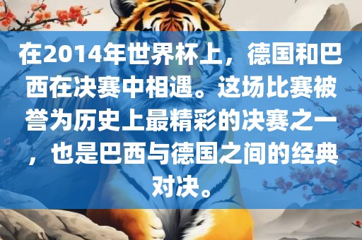 在2014年世界杯上，德国和巴西在决赛中相遇。这场比赛被誉为历史上最精彩的决赛之一，也是巴西与德国之间的经典对决。漯河市盈旭机械设备有限公司