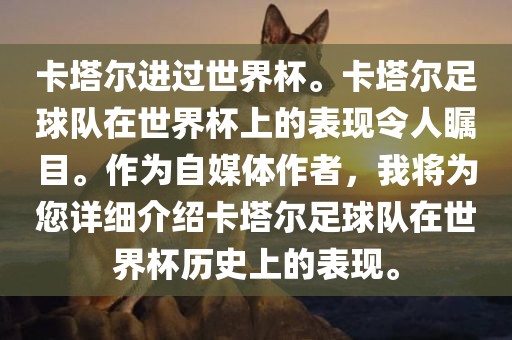 卡塔尔进过世界杯。卡塔尔足球队在世界杯上的表现令人瞩目。作为自媒体作者，我将为您详细介绍卡塔尔足球队在世界杯历史上的表现。