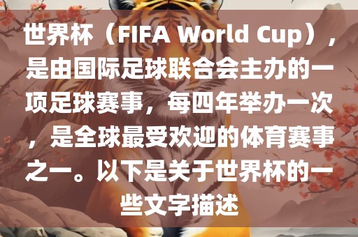 世界杯（FIFA World Cup），是由国际足球联合会主办的一项足球赛事，每四年举办一次，是全球最受欢迎的体育赛事之一。以下是关于世界杯的一些文字描述