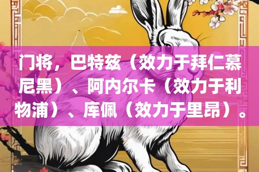 门将，巴特兹（效力于拜仁慕尼黑）、阿内尔卡（效力于利物浦）、库佩（效力于里昂）。