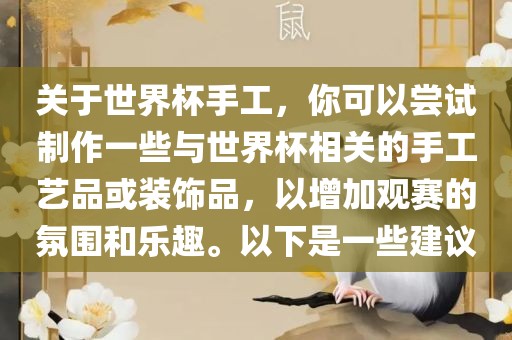 关于世界杯手工，你可以尝试制作一些与世界杯相关的手工艺品或装饰品，以增加观赛的氛围和乐趣。以下是一些建议漯河市盈旭机械设备有限公司