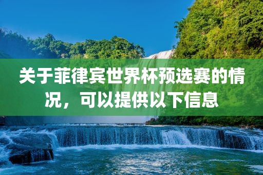 关于菲律宾世界杯预选赛的情况，可以提供以下信息漯河市盈旭机械设备有限公司