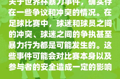 关于世界杯暴力事件，确实存在一些争议和冲突的情况。在足球比赛中，球迷和球员之间的冲突、球迷之间的争执甚至暴力行为都是可能发生的。这些事件可能会对比赛本身以及参与者的安全造成一定的影响。