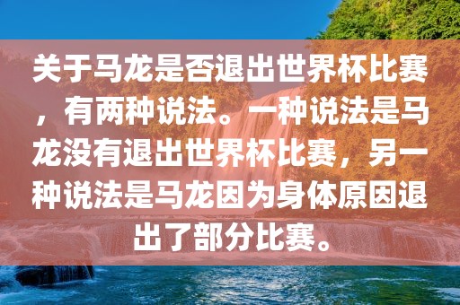 关于马龙是否退出世界杯比赛，有两种说法。一种说法是马龙没有退出世界杯比赛，另一种说法是马龙因为身体原因退出了部分比赛。