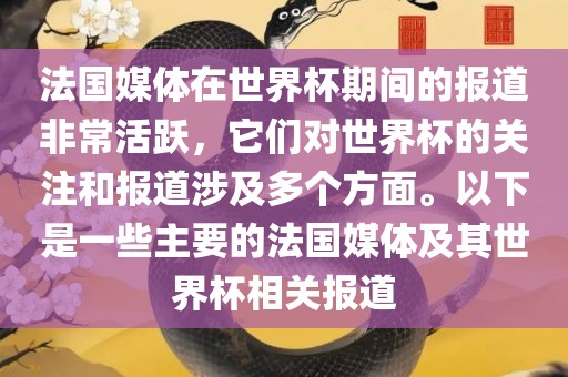 法国媒体在世界杯期间的报道非常活跃，它们对世界杯的关注和报道涉及多个方面。以下是一些主要的法国媒体及其世界杯相关报道