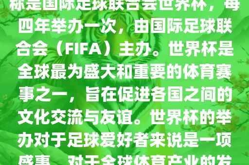 世界杯是一项国际足球赛事，全称是国际足球联合会世界杯，每四年举办一次，由国际足球联合会（FIFA）主办。世界杯是全球最为盛大和重要的体育赛事之一，旨在促进各国之间的文化交流与友谊。世界杯的举办对于足球爱好者来说是一项盛事，对于全球体育产业的发展也具有重要影响。