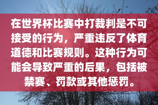 在世界杯比赛中打裁判是不可接受的行为，严重违反了体育道德和比赛规则。这种行为可能会导致严重的后果，包括被禁赛、罚款或其他惩罚。