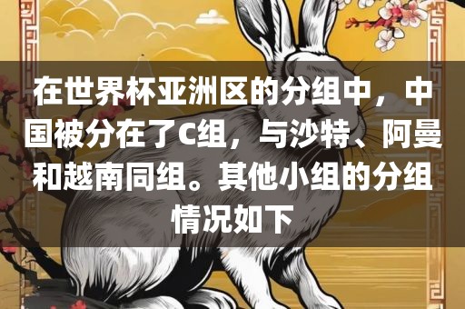 在世界杯亚洲区的分组中，中国被分在了C组，与沙特、阿曼和越南同组。其他小组的分组情况如下