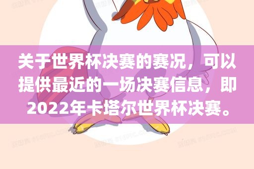 关于世界杯决赛的赛况，可以提供最近的一场决赛信息，即2022年卡塔尔世界杯决赛。漯河市盈旭机械设备有限公司